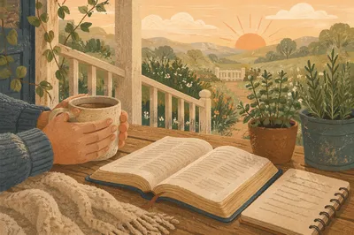 Sunrise Morning Devotion on Rustic Porch