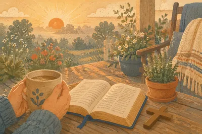 Sunrise Morning Devotion on Wooden Porch
