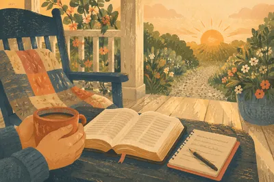 Sunrise Porch Devotion with Bible and Mug