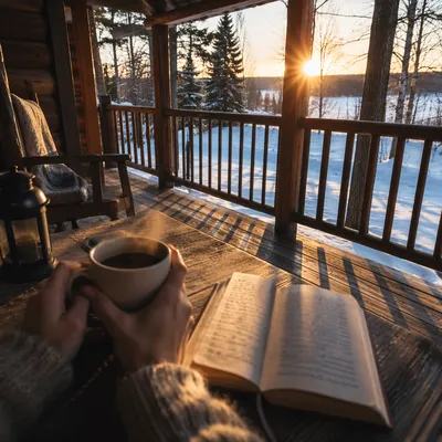 Sunrise Morning Devotion on Snowy Porch