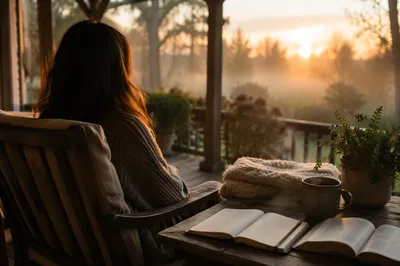 Peaceful Sunrise Devotion on Wooden Porch