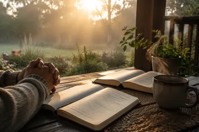 Sunrise Morning Devotion on Wooden Porch