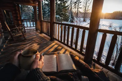 Sunrise Morning Devotion on Snowy Porch