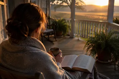 Sunrise Morning Devotion on Wooden Porch