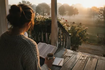 Sunrise Morning Devotion on Wooden Porch