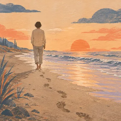Peaceful Sunset Beach Walk with Footprints