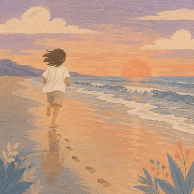 Barefoot Sunset Walk Along Quiet Shoreline
