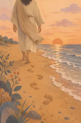 Sunset Beach Walk with Barefoot Footprints
