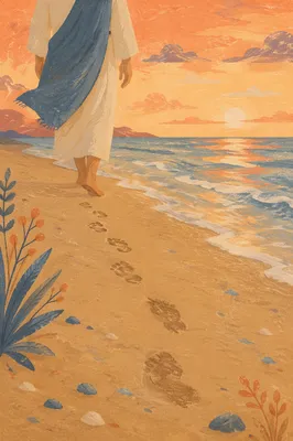 Barefoot Sunset Walk with Footprints