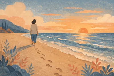 Barefoot Sunset Walk Along Quiet Beach