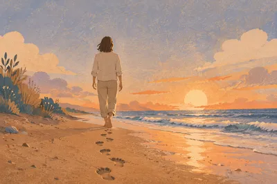 Barefoot Sunset Beach Walk with Footprints