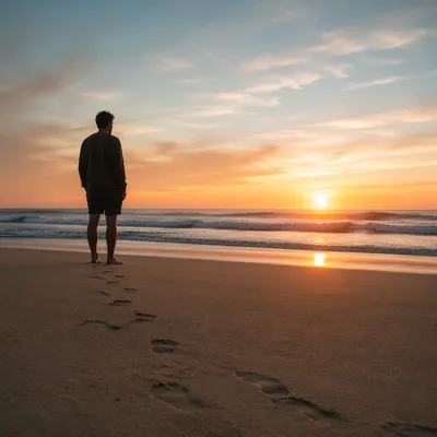 Barefoot Sunset Walk Along Quiet Beach