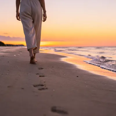 Barefoot Sunset Walk on Quiet Beach