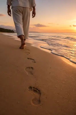 Barefoot Sunset Walk with Sand Footprints