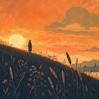 Golden Hour Silhouette on Grassy Hill