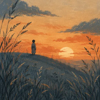 Golden Hour Silhouette on Grassy Hill