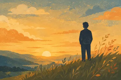 Golden Hour Silhouette on Grassy Hill