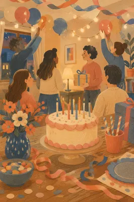 Cozy Surprise Party with Friends and Balloons