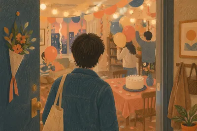 Cozy Surprise Party Entrance With Friends