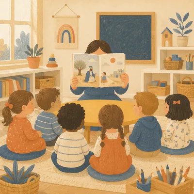 Preschool Teacher Reading During Circle Time