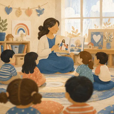 Preschool Story Time Circle in Warm Classroom