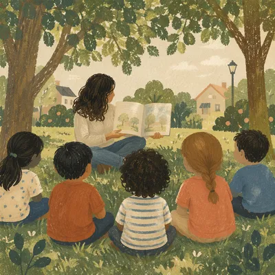 Outdoor Story Time with Teacher and Children