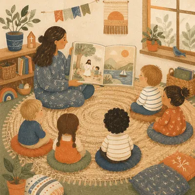 Preschool Story Time Circle in Cozy Classroom