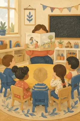Preschool Story Time in Bright Classroom
