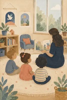 Preschool Story Time Circle in Daycare Classroom