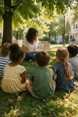 Outdoor Story Time With Teacher and Children