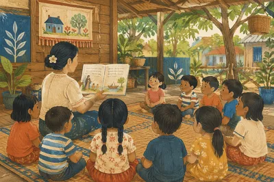 Teacher Reading to Children in Circle