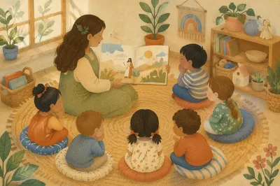 Preschool Story Time Circle in Cozy Classroom