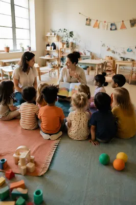 Preschool Teachers Leading Story Time Circle