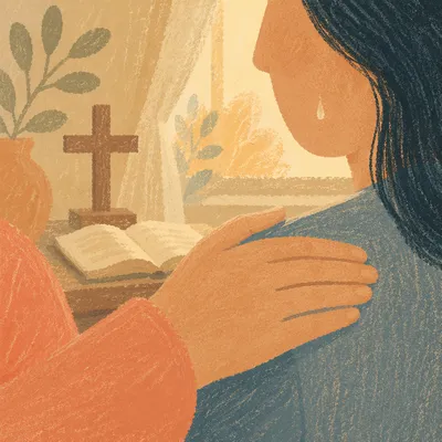 Tearful Cheek Comforted in Christian Home