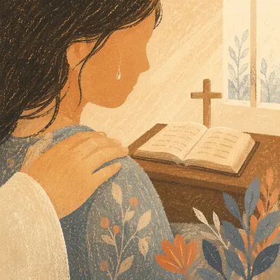 Tearful Prayer Comfort in Morning Light