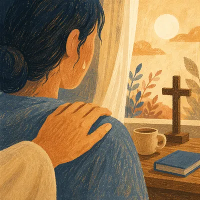 Tearful Comfort Beside a Sunlit Window