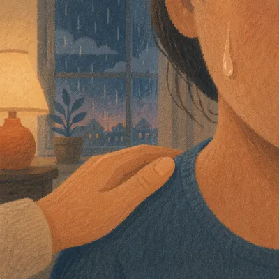 Tearful Cheek with Gentle Comforting Hand