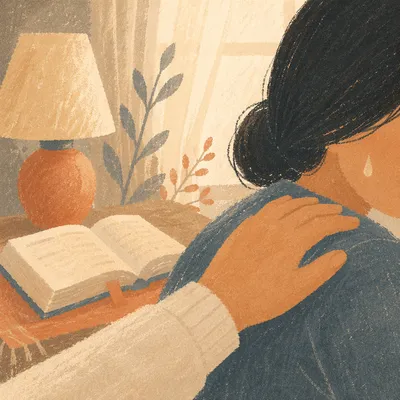 Tearful Prayer Comfort in Warm Living Room
