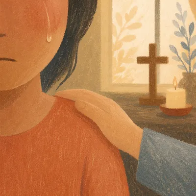 Tearful Cheek with Comforting Prayerful Touch