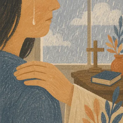 Comforting Tear in Quiet Prayer Corner