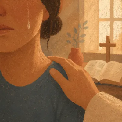 Tearful Cheek Comforted in Prayer Corner