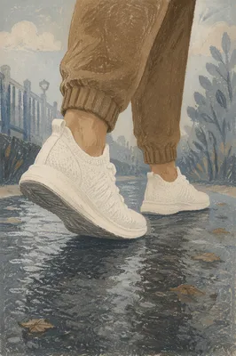 White Sneakers on Rainy Urban Path