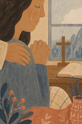 Tearful Prayer with Comforting Hand