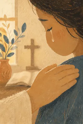 Tearful Prayer Close Up With Comforting Hand