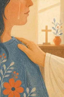 Tearful Prayer Comfort Beside Wooden Cross
