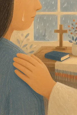 Tearful Cheek Comforted in Prayer Corner