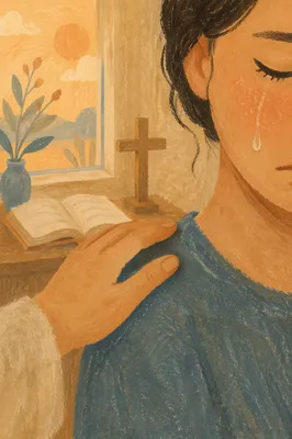 Tearful Cheek Comforted in Prayer Corner