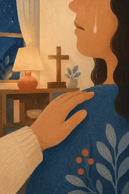 Tearful Cheek with Gentle Comforting Hand