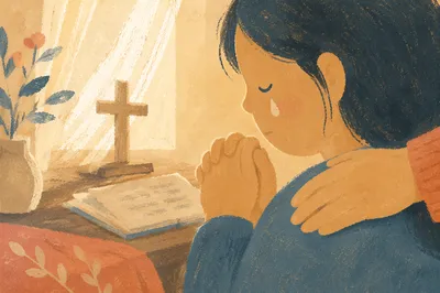 Tearful Prayer With Gentle Comforting Touch