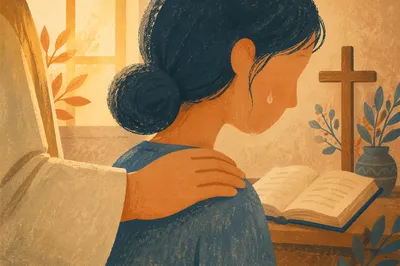 Tearful Prayer Comfort in Warm Light